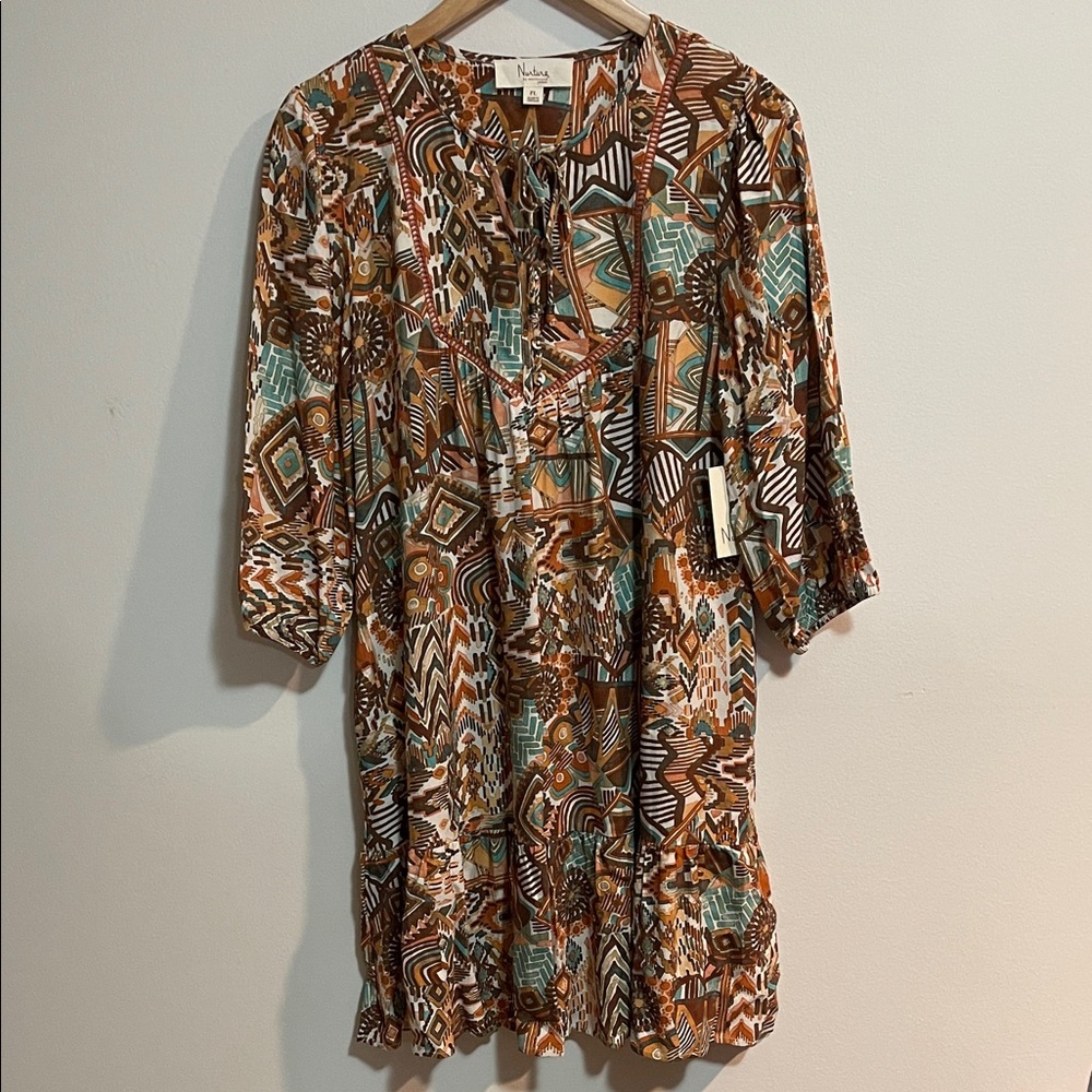 Nurture Turquoise & Brown Patterned Tie-Neck Women’s Dress SZ PL